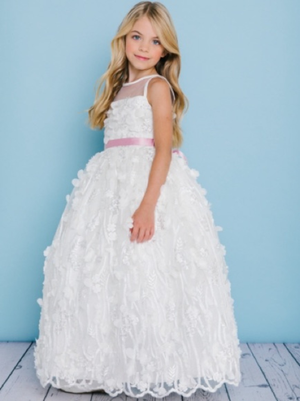 Girls White 3D Floral Flower Girl
Dress